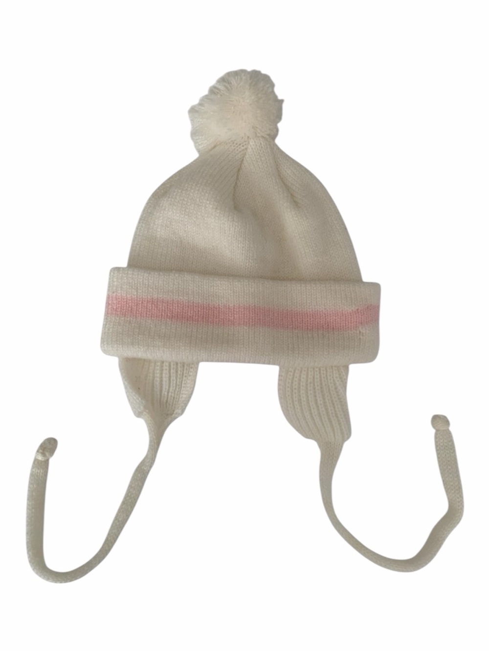Vintage Baby Girl Knit Ear Flap Hat Pom Pom Top Tassel Beanie Cream Pink Stripes